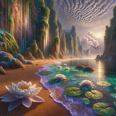 The primary subject of the image is a beautiful water lily floating on a body of water. The water lily is surrounded by a serene environment, with a sandy beach nearby. The visual style of the image is a digital art, creating a surreal and dreamy atmosphere. The dominant colors in the image are purple and blue, which contribute to the overall mood of the scene.